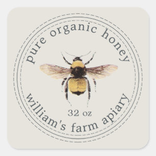 Adesivo Quadrado Mel Jar Label Honeybee Cinza Apiary