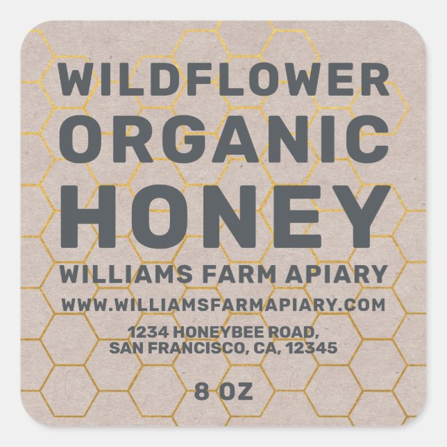 Adesivo Quadrado Mel Moderno - Jar Label Honeybee Apiary Kraft Pape (Frente)