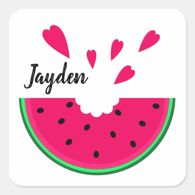 Adesivo Quadrado Melancia vermelha suculenta e corações, personaliz (Frente)