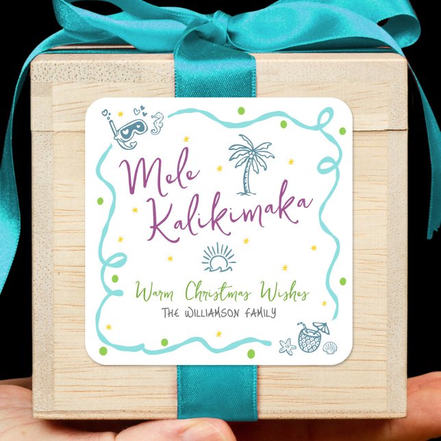 Adesivo Quadrado Mele Kalikimaka Blue Purple Green Doodle Christmas (Criador carregado)