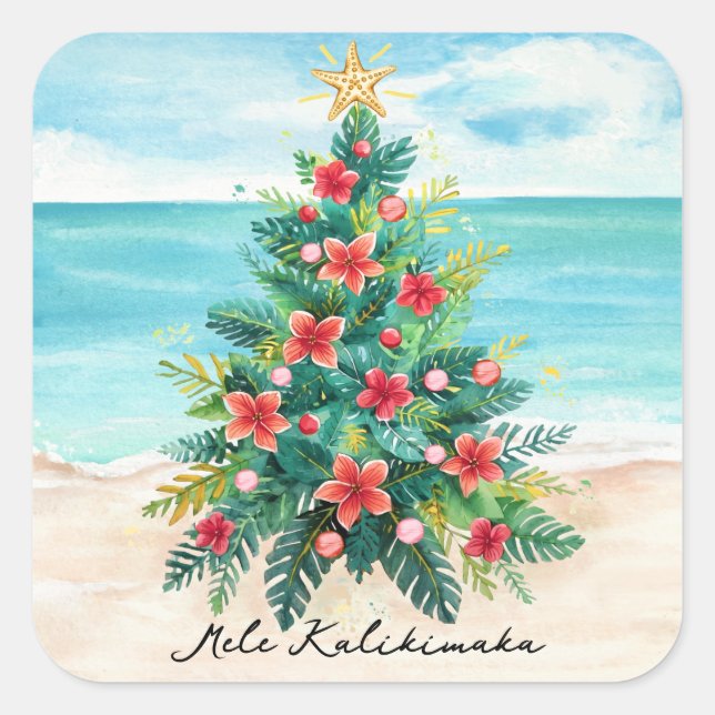 Adesivo Quadrado Mele Kalikimaka Praia Tropical Palmeira Natal (Frente)