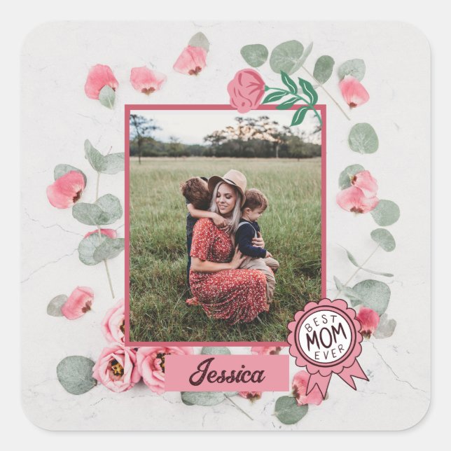 Adesivo Quadrado Melhor Mãe Crachá Nome da Foto Mãe (Frente)