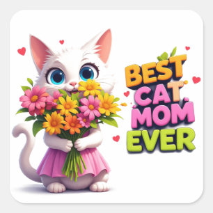 Adesivo Quadrado Melhor Mãe de Gato Kitty Fofo Com Flores 🐾