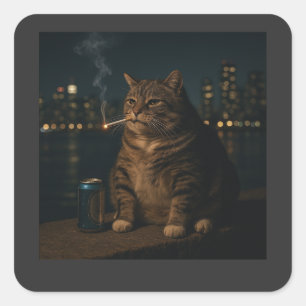 Adesivo Quadrado Meme Engraçado do Gato Fumando Rotação Cerebral Es