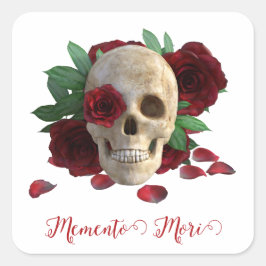 Adesivo Quadrado Memento Mori. Caveira com rosas vermelhas