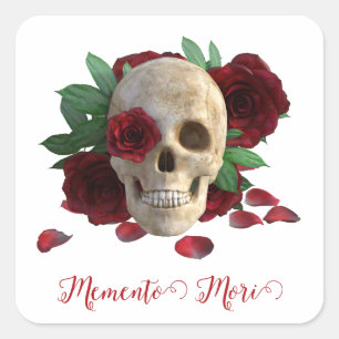 Adesivo Quadrado Memento Mori. Caveira com rosas vermelhas