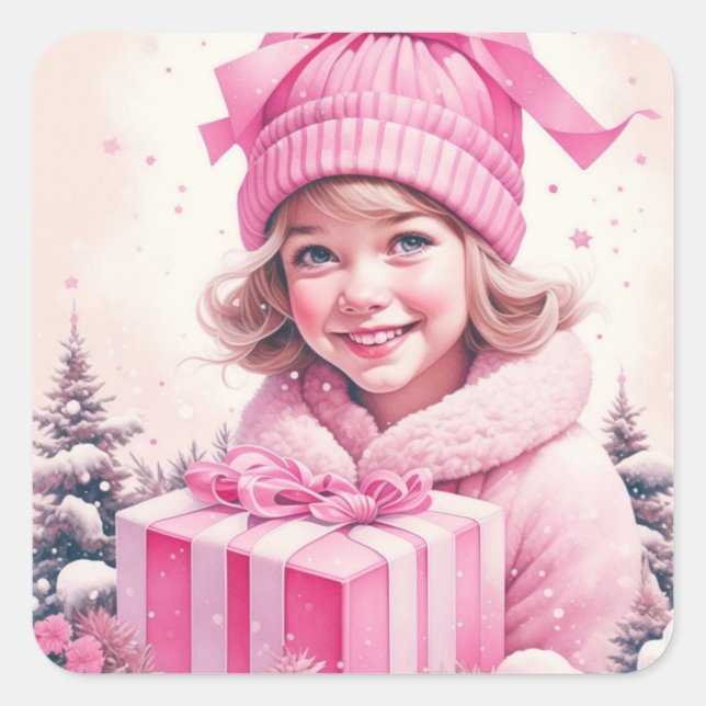 Adesivo Quadrado Menina Antiga de Rosa com Caixa de Presente (Frente)