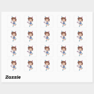 Adesivo Quadrado Menina Chibi Fofa Sorvete Tranças Personagem Carto
