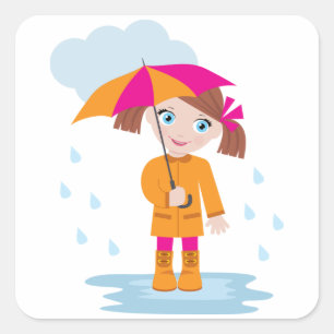 Adesivo Quadrado Menina com Guarda-chuva na Chuva Dia Chuvoso Infan