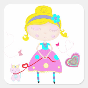 Adesivo Quadrado Menina com ilustração bonito do gato