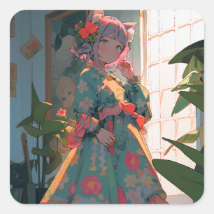 Adesivo Quadrado Menina de Animação Bela