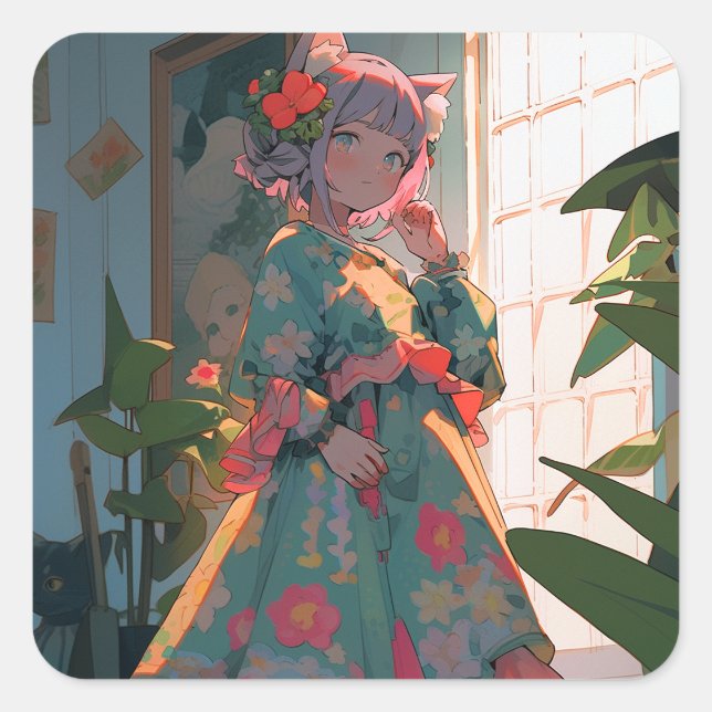 Adesivo Quadrado Menina de Animação Bela (Frente)