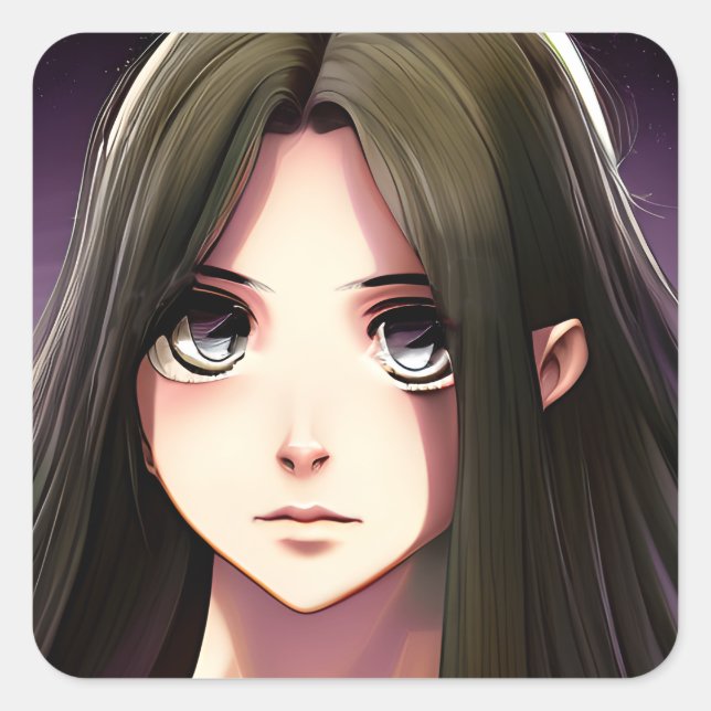 Adesivo Quadrado Menina de animação bonita com cabelo castanho e ol (Frente)