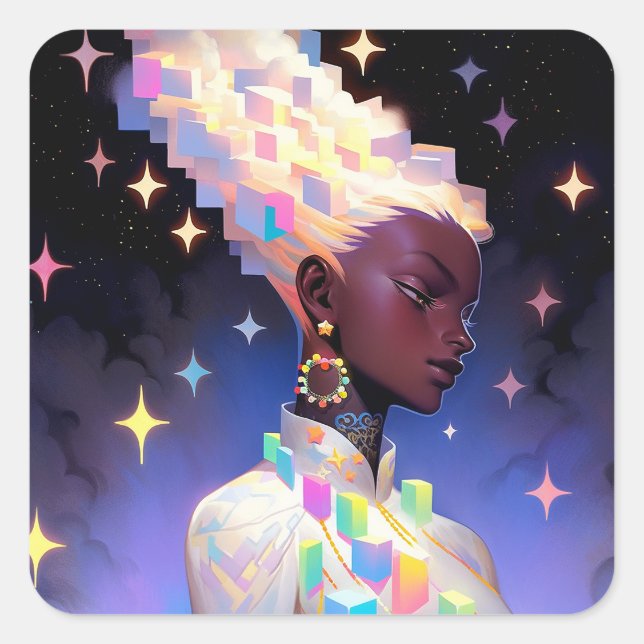 Adesivo Quadrado Menina de Animação Geométrica Moderna (Frente)