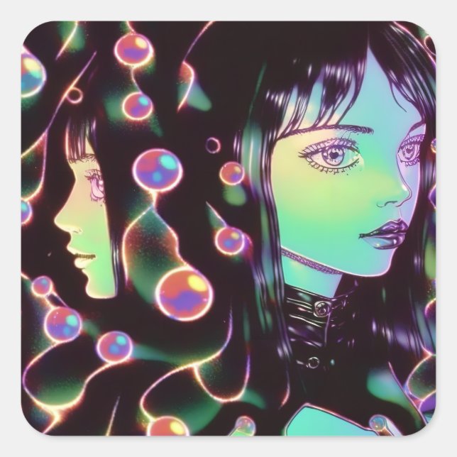 Adesivo Quadrado Menina de Animação Psicodélica (Frente)