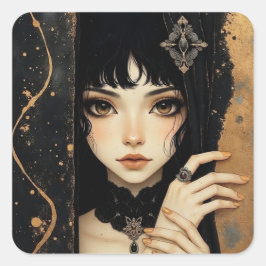 Adesivo Quadrado Menina de Anime Gótico Preto e Dourado
