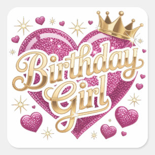 Adesivo Quadrado Menina de Aniversário Coração Brilhante