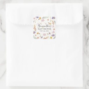 Adesivo Quadrado Menina de Aquarela de Flor Silvestre Chás de Bebê