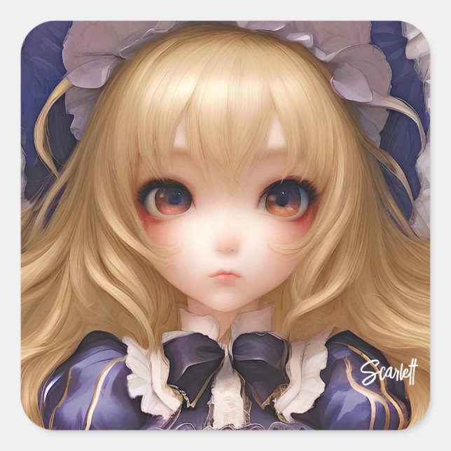 Adesivo Quadrado Menina De Manga Cuta Japonesa Em Azul (Frente)