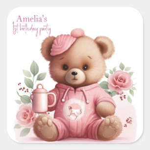 Adesivo Quadrado Menina de Urso Teddy Boho Urso Rosa Floral Anivers