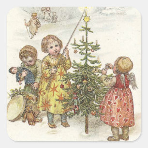 Adesivo Quadrado Menina decorando árvore de Natal Vintage