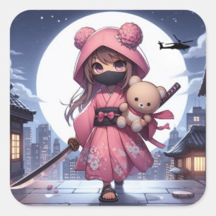 Adesivo Quadrado Menina e ursinho da guerreira ninja