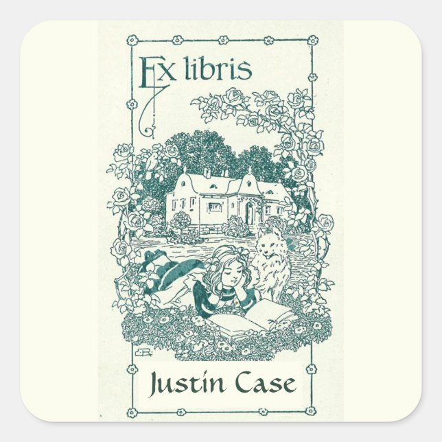 Adesivo Quadrado Menina Editável Lendo em Frente à Placa de Escritó (Frente)