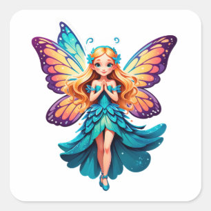 Adesivo Quadrado ⭐ Menina Fada Fofo Com Asas de Borboleta 🦋