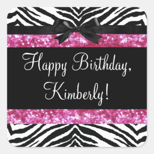 Adesivo Quadrado Menina feminino da zebra da faísca do rosa quente