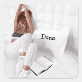 Adesivo Quadrado Menina na cama Livro Personalizada Café