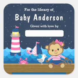 Adesivo Quadrado Menina Náutica Macaco Rosa e Marinho
