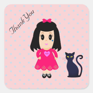 Adesivo Quadrado Menina Obrigada e Gato com Estrelas em Rosa