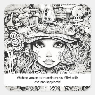 Adesivo Quadrado Menina preto e branco inspiração Doodle
