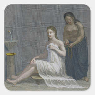 Adesivo Quadrado Menina turca, tendo seu cabelo trançado nos banho