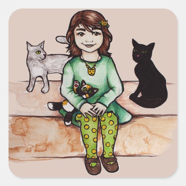 Adesivo Quadrado Menininha com gatos (Frente)