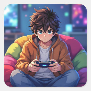 Adesivo Quadrado Menino Anime jogando Videogame 