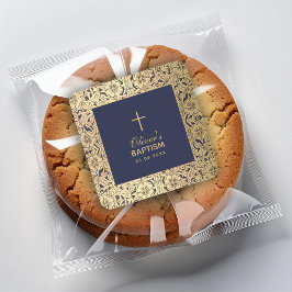 Adesivo Quadrado Menino Baptismo Vintage Rosas Dourados Marinho Azu