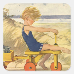 Adesivo Quadrado Menino do vintage que joga na praia com brinquedos