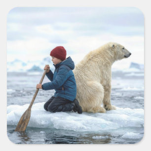 Adesivo Quadrado Menino Jovem no Gelo Resgatando um Urso Polar
