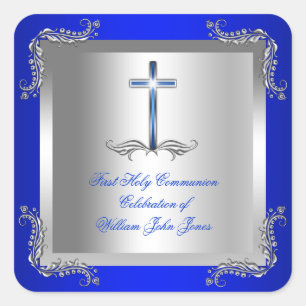 Adesivo Quadrado Menino Primeira Comunhão Prata Azul Real 2T