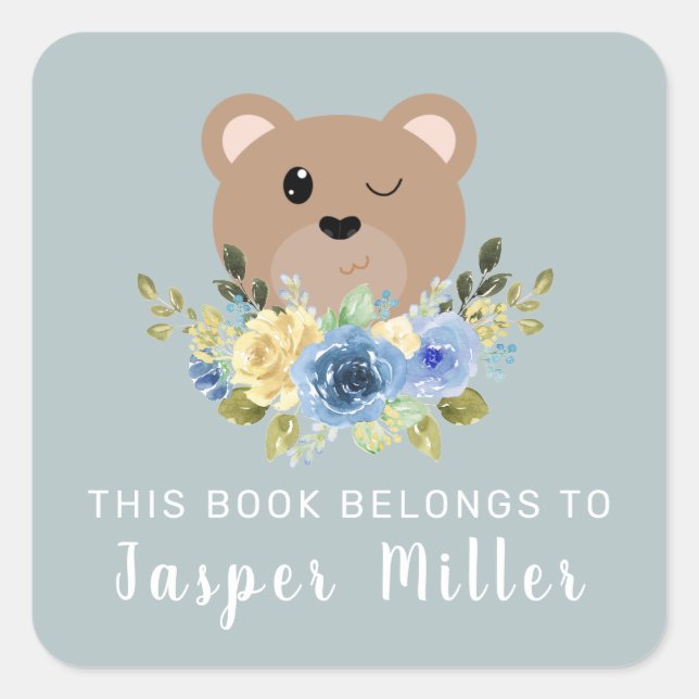 Adesivo Quadrado Meninos Cute Teddy Bear Dusty Blue & Name Kids (Frente)