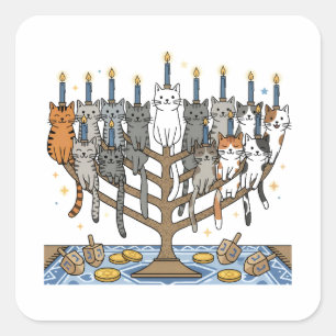 Adesivo Quadrado Menorá de Gatos Meowzel engraçada de Hanukkah