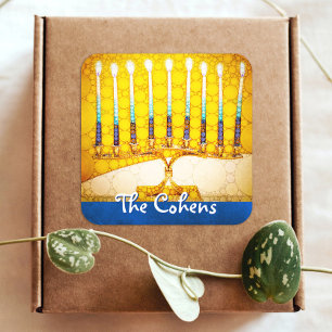 Adesivo Quadrado Menorá de Hanukkah em Ouro Amarelo com Nome Person