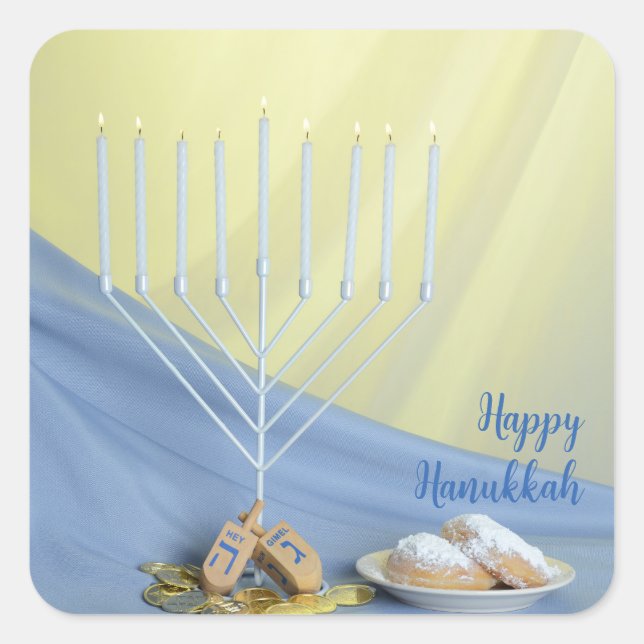 Adesivo Quadrado Menorah Branca Dourada Moedas e Sonhos Feliz Hanuk (Frente)