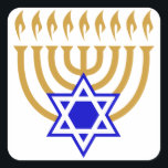 Adesivo Quadrado Menorah e a Estrela de David<br><div class="desc">Dourada menorah com estrela azul de David no centro</div>