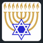 Adesivo Quadrado Menorah e a Estrela de David<br><div class="desc">Dourada menorah com estrela azul de David no centro</div>