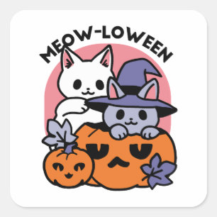 Adesivo Quadrado Meow-Loween - Design de Gato de Halloween
