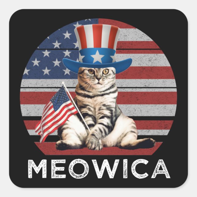 Adesivo Quadrado Meowica 4º De Julho Gato Americano Patriótico (Frente)