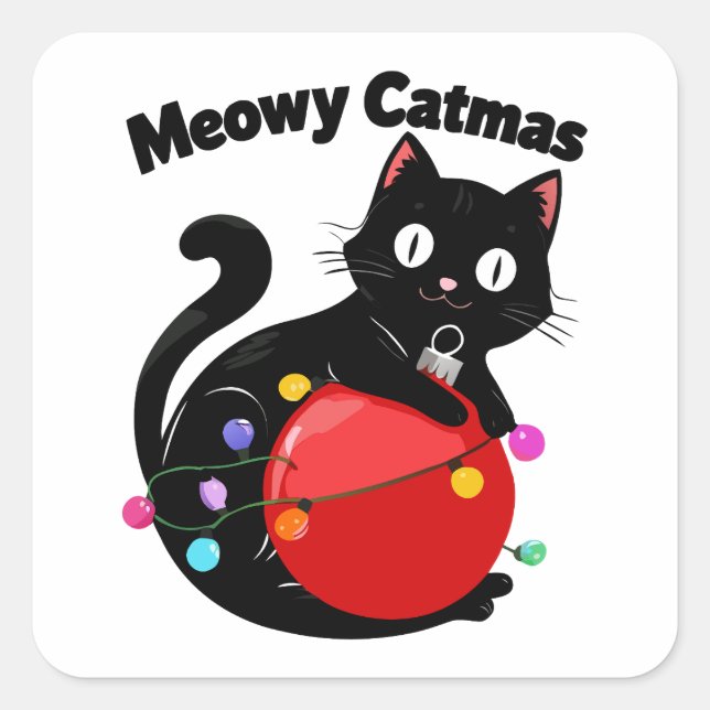 Adesivo Quadrado Meowy Catmas - Cat with Christmas ornament (Frente)