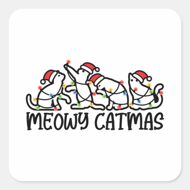 Adesivo Quadrado Meowy Catmas Engraçado Papais noeis Gatos (Frente)